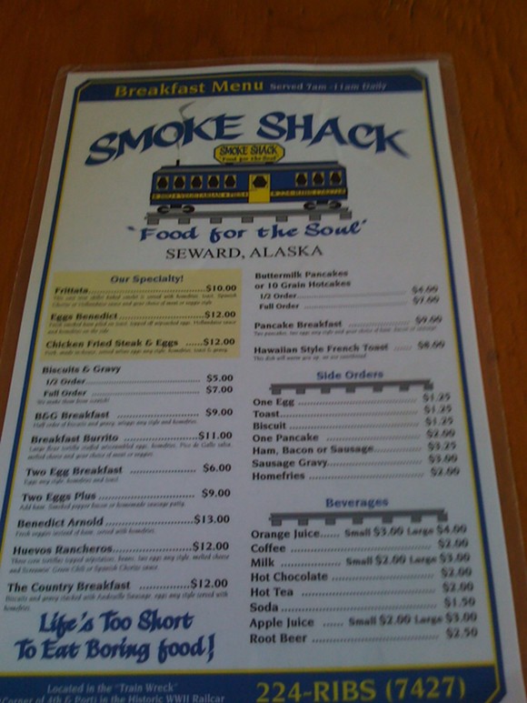 Seward, Alaska best restaurant - Smoke Shack breakfast menu
