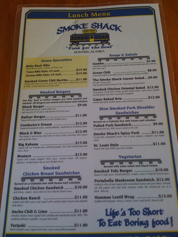 Best restaurant in Seward, Alaska - Smoke Shack lunch menu