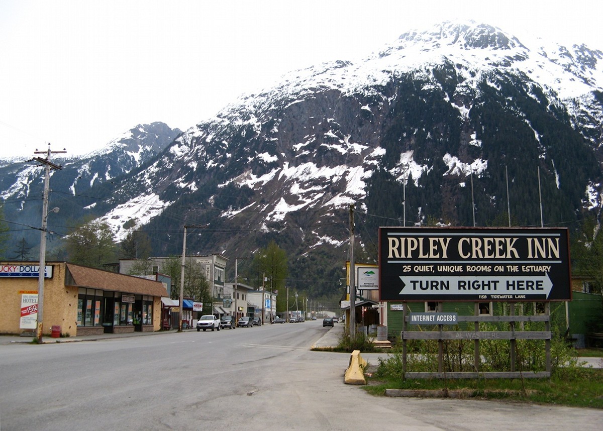 A view of the downtown Stewart, British Columbia area, including the Ripley Cree.