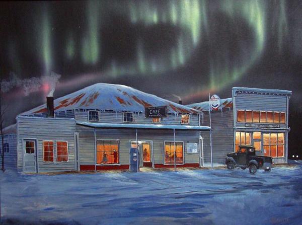 A painting of a roadhouse in Wasilla, Alaska, 1957.