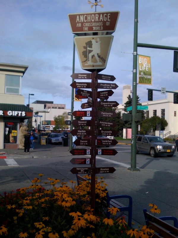 Distances sign outside the Anchorage Welcome Center