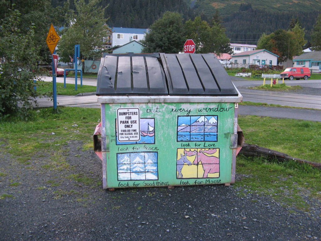 Philosophical garbage dumpster in Seward, Alaska
