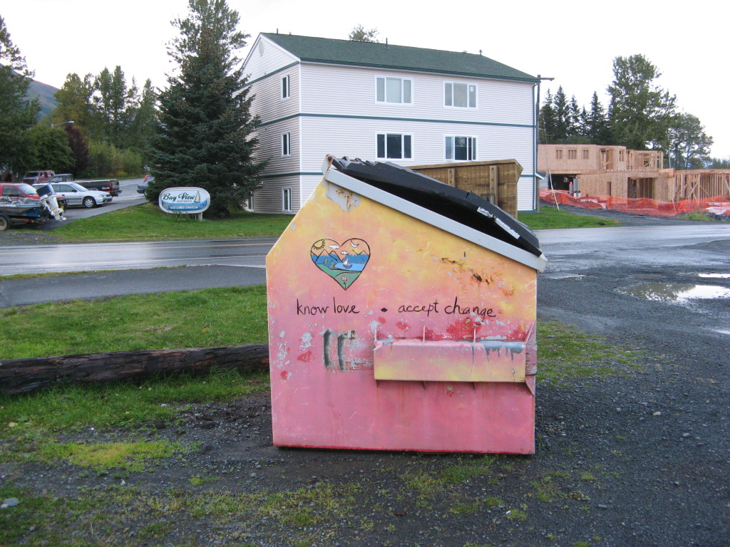 Philosophical garbage dumpster in Seward, Alaska, picture #2