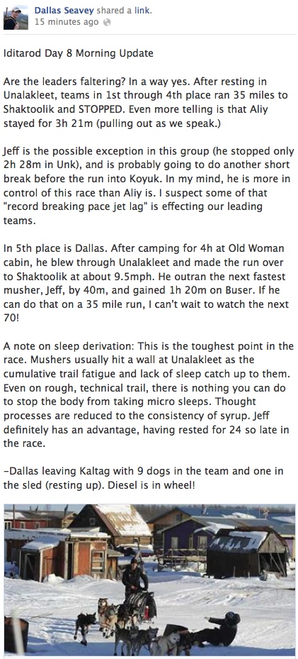 2014 Iditarod race, Day 8 update from Dallas Seavey's Facebook account