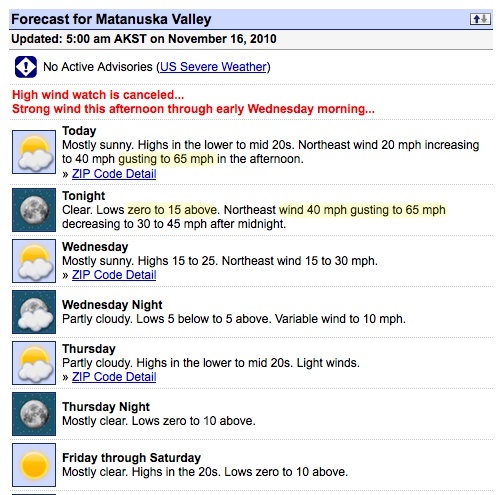 Wasilla, Alaska weather, November 16, 2010, cold and windy