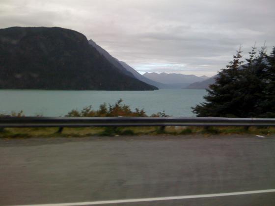 A large, green lake near Seward, Alaska