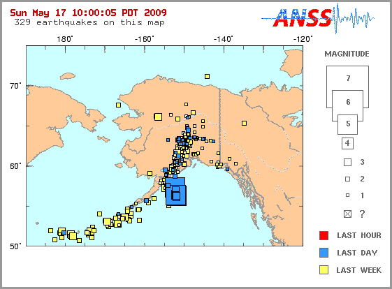 A map of recent earthquakes in Alaska.